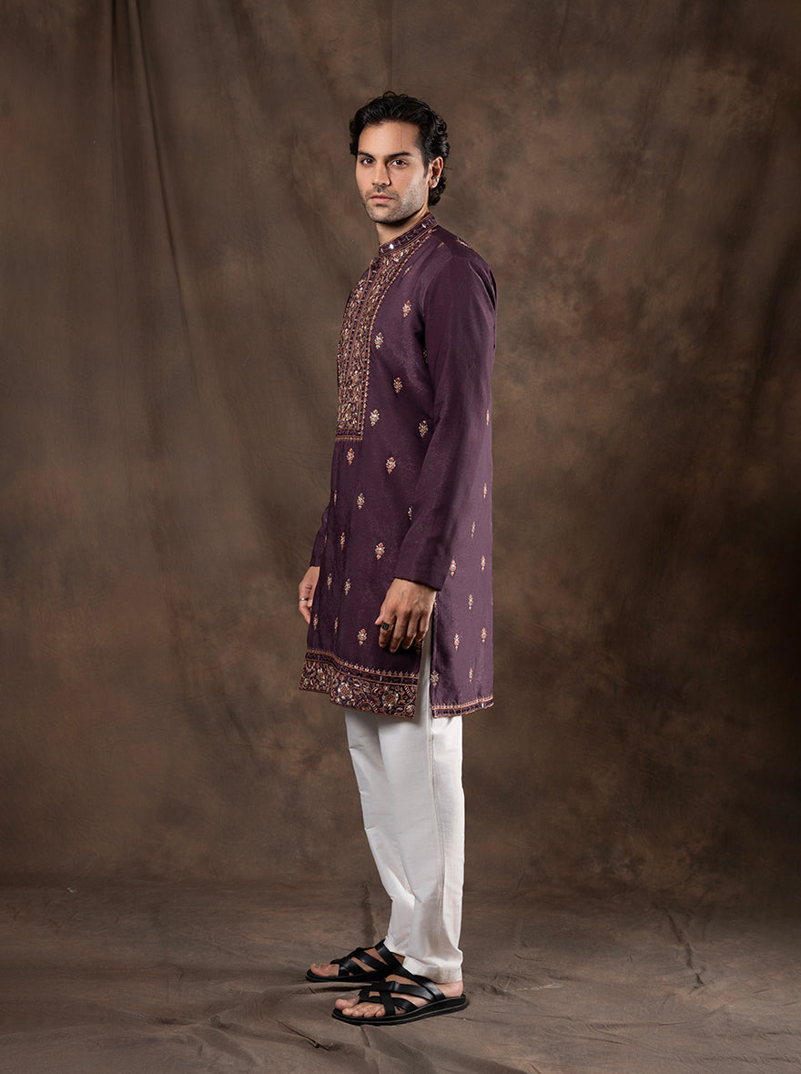 Wine Embroidered Kurta Pajama | Virasana