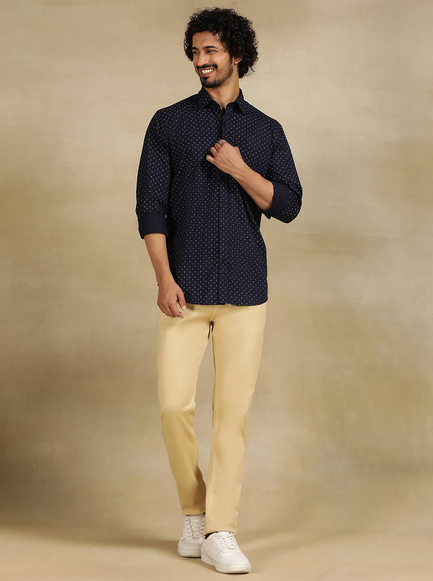 Navy Blue Printed Tailored Fit Semi Casual Shirt | JadeBlue