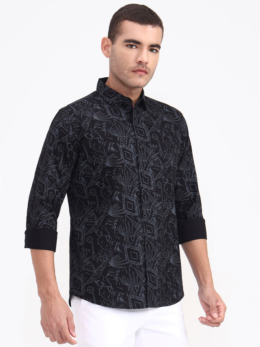 Black Printed Slim Fit Casual Shirt | JadeBlue