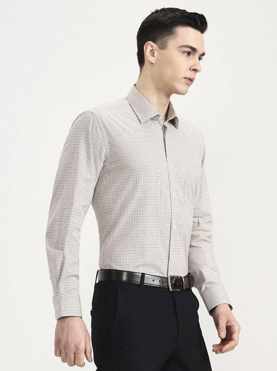 Cream Checked Regular Fit Formal Shirt | JadeBlue