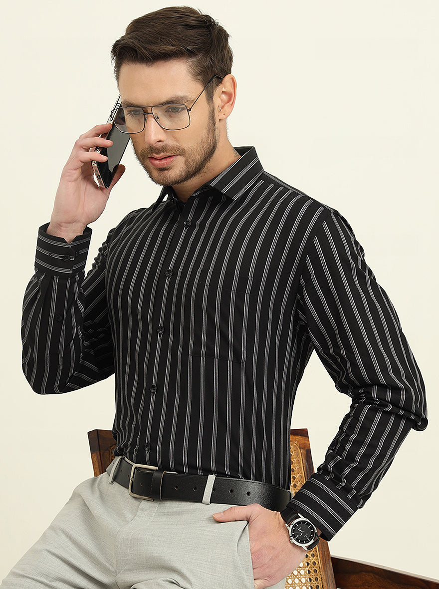 Black Striped Regular Fit Formal Shirt | JadeBlue