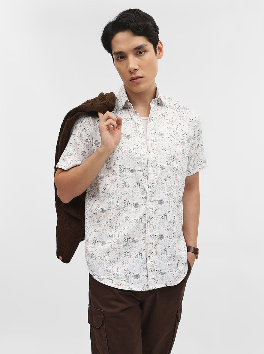 White & Grey Printed Tailored Fit Semi Casual Shirt | Greenfibre