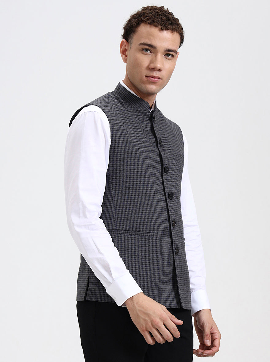 Blue & Grey Checked Regular Fit Modi Jacket | JadeBlue