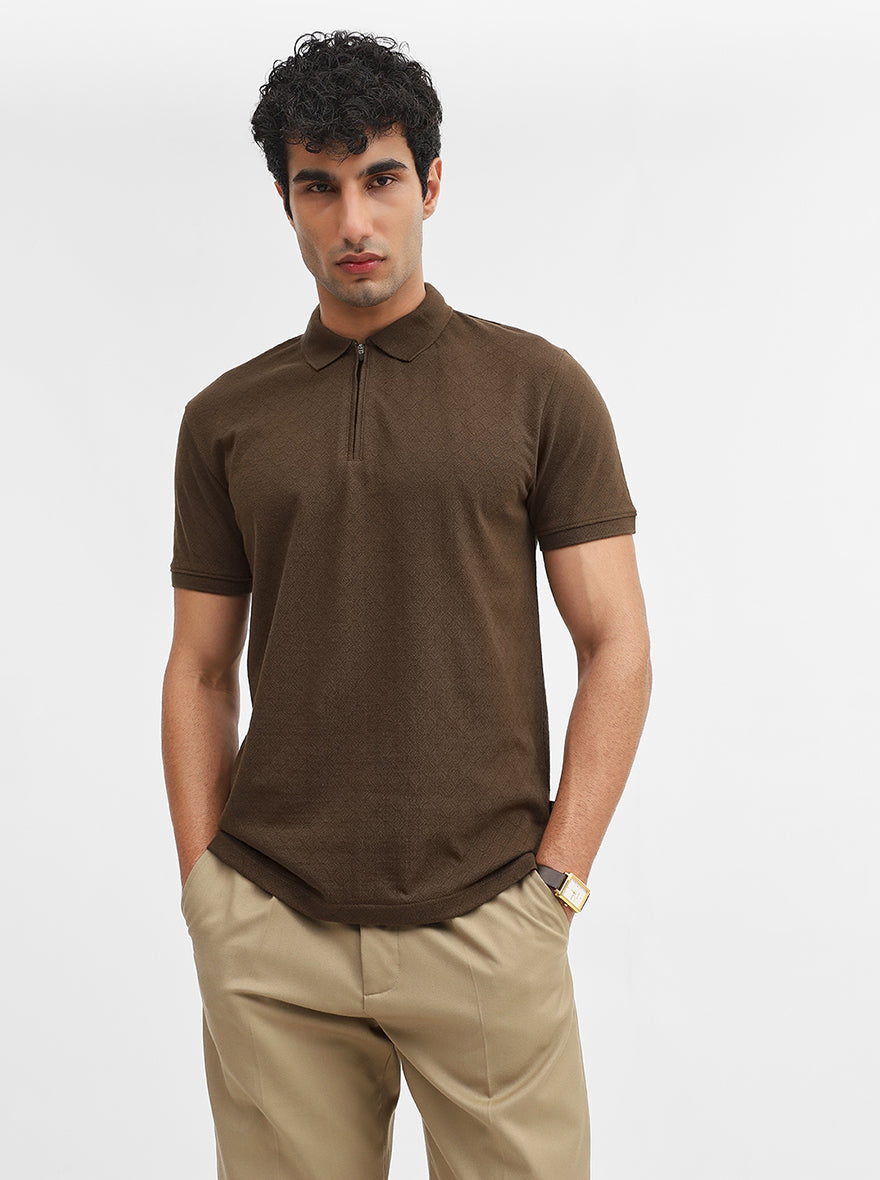 Olive Jacquard Slim Fit Polo T-Shirt | JadeBlue