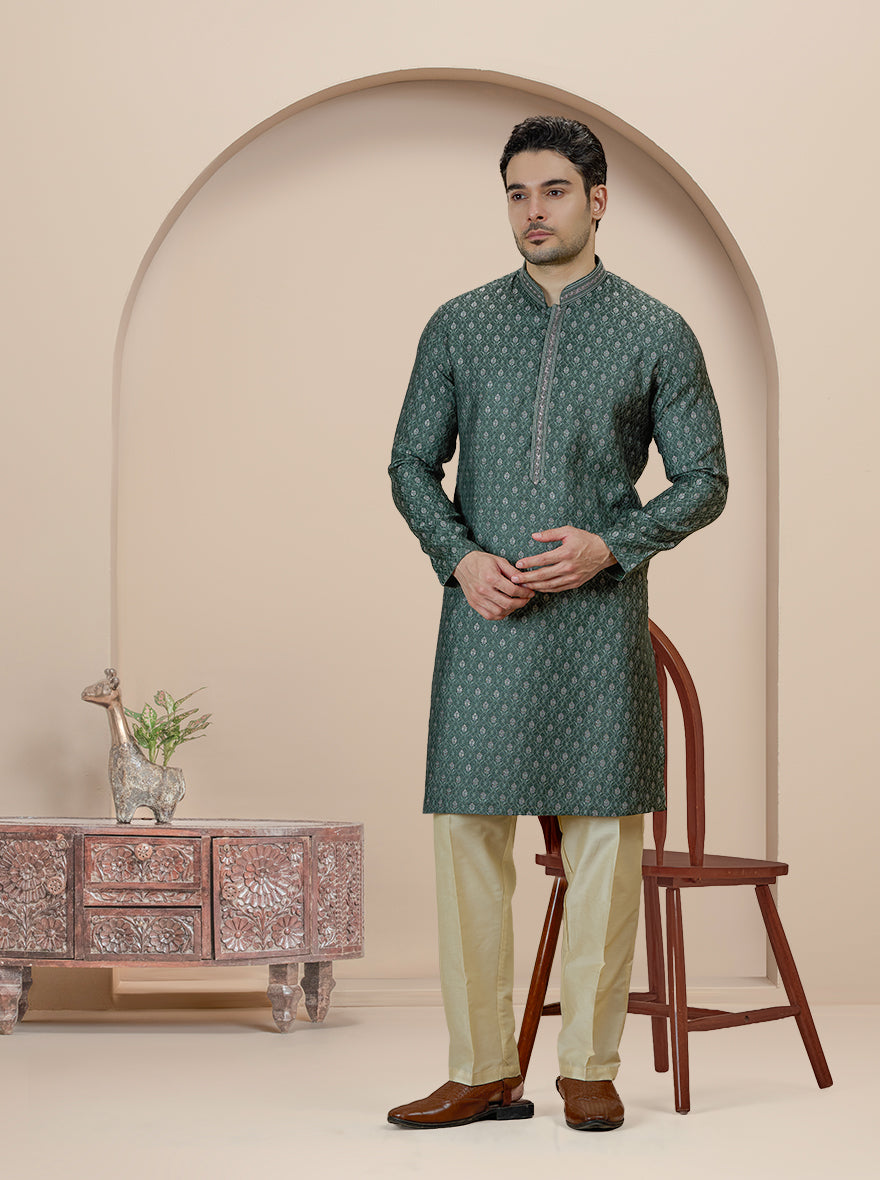 Deep Green Self Design Kurta Pajama | JB X JB