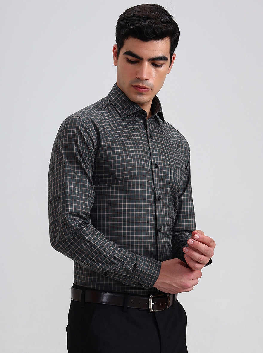 Green & Brown Checked Slim Fit Formal Shirt | Metal