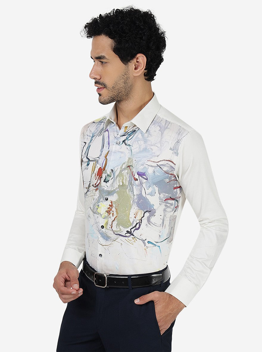 Cream Printed Slim Fit Party Wear Shirt | JB Studio
