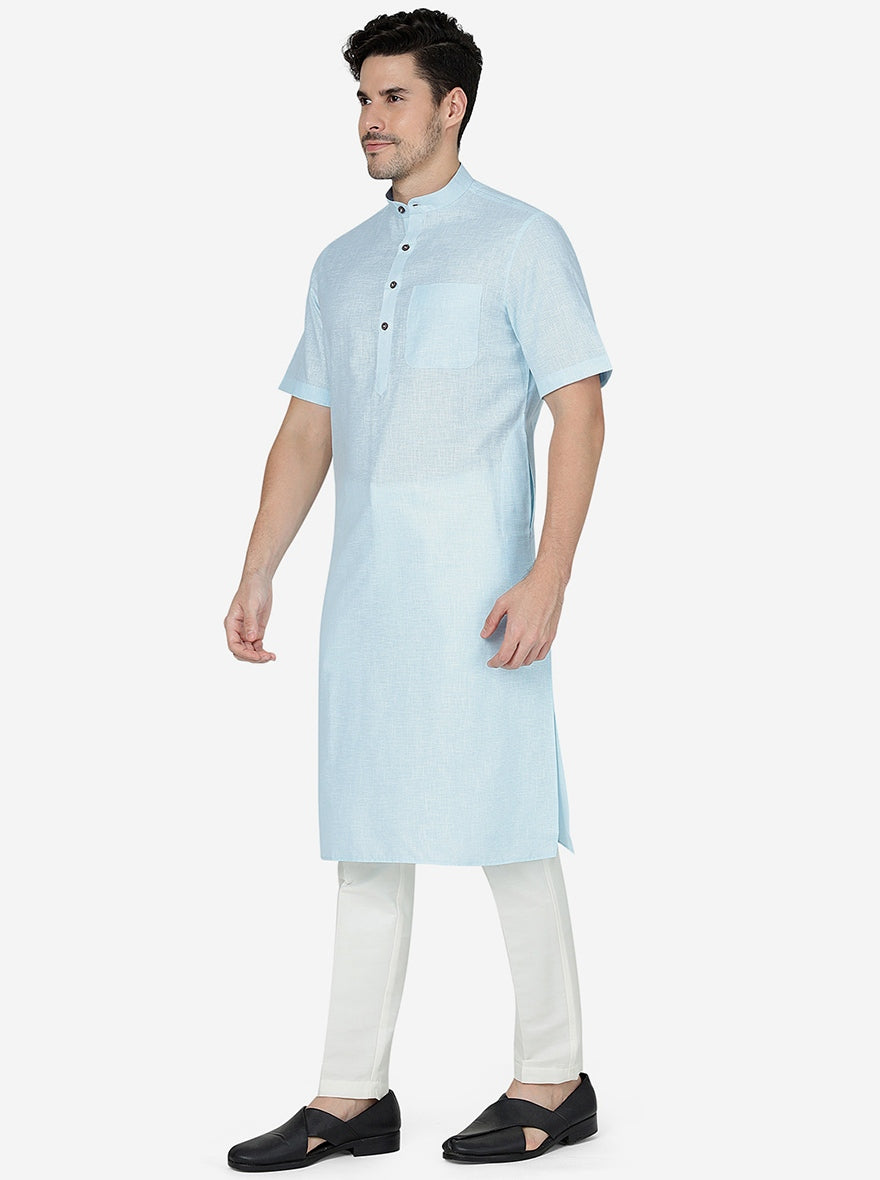 Light Blue Checked Regular Fit Modi Kurta | JadeBlue
