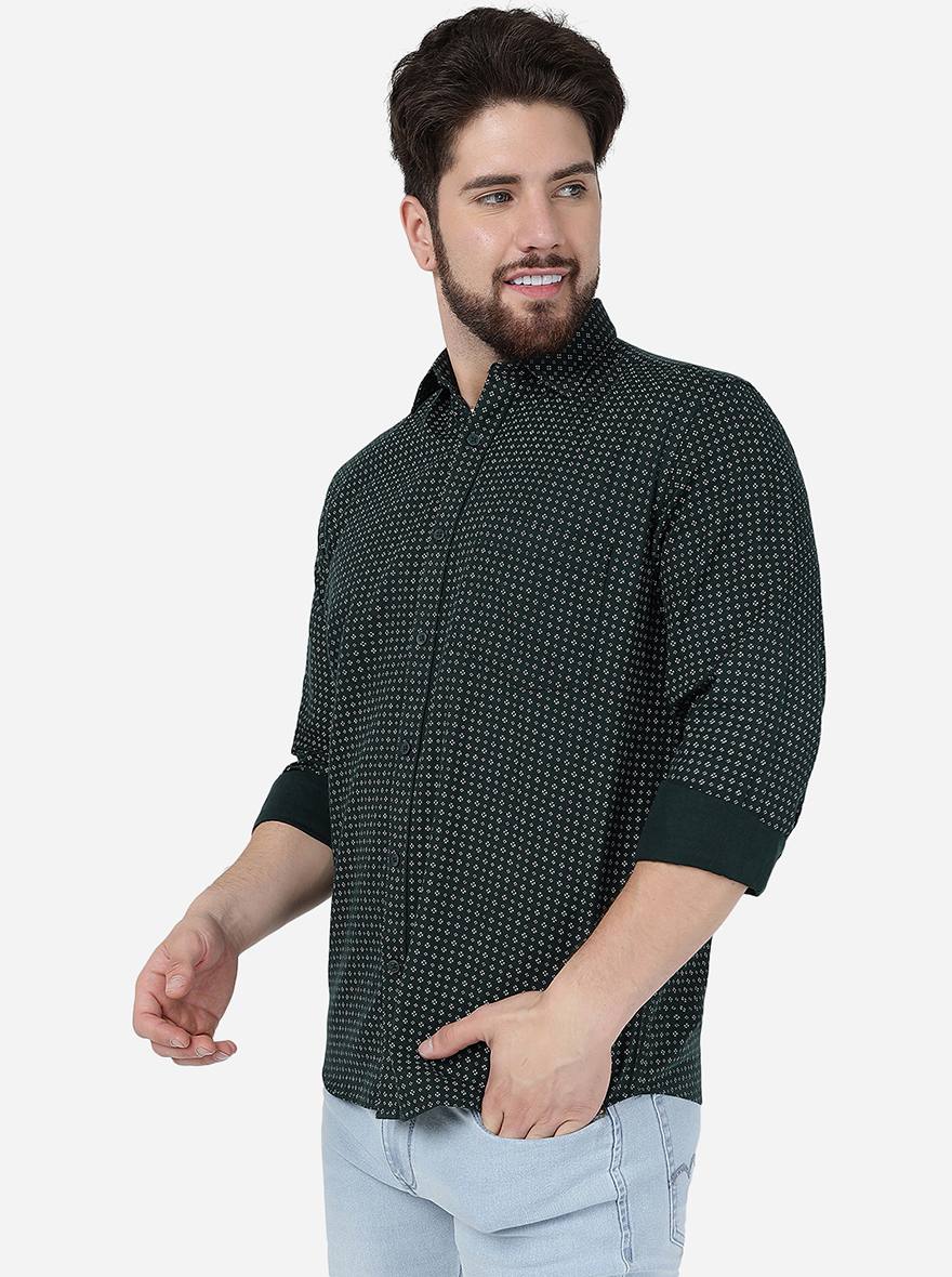 Dark Green Printed Smart Fit Semi Casual Shirt | Greenfibre