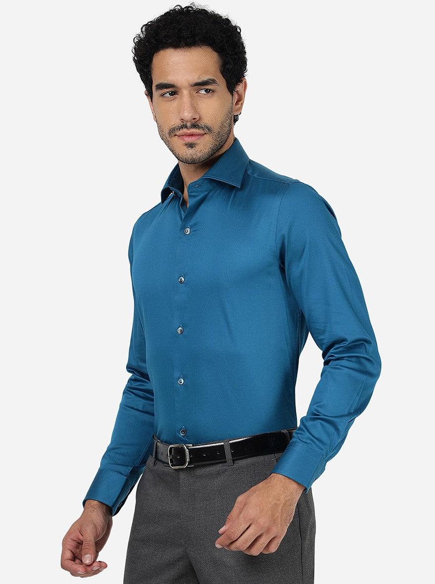Peacock Blue Solid Slim Fit Party Wear Shirt | Wyre