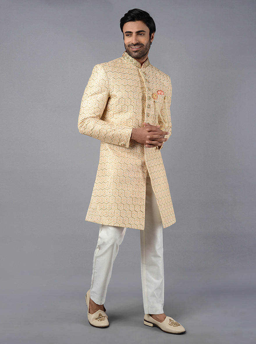 Cream & Peach Embroidered Regular Fit Indowestern | Azania