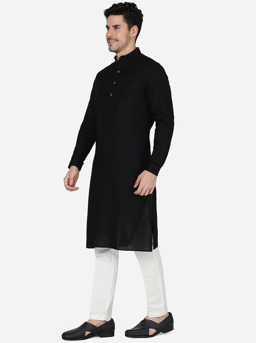 Jet Black Solid Regular Fit Modi Kurta | JadeBlue