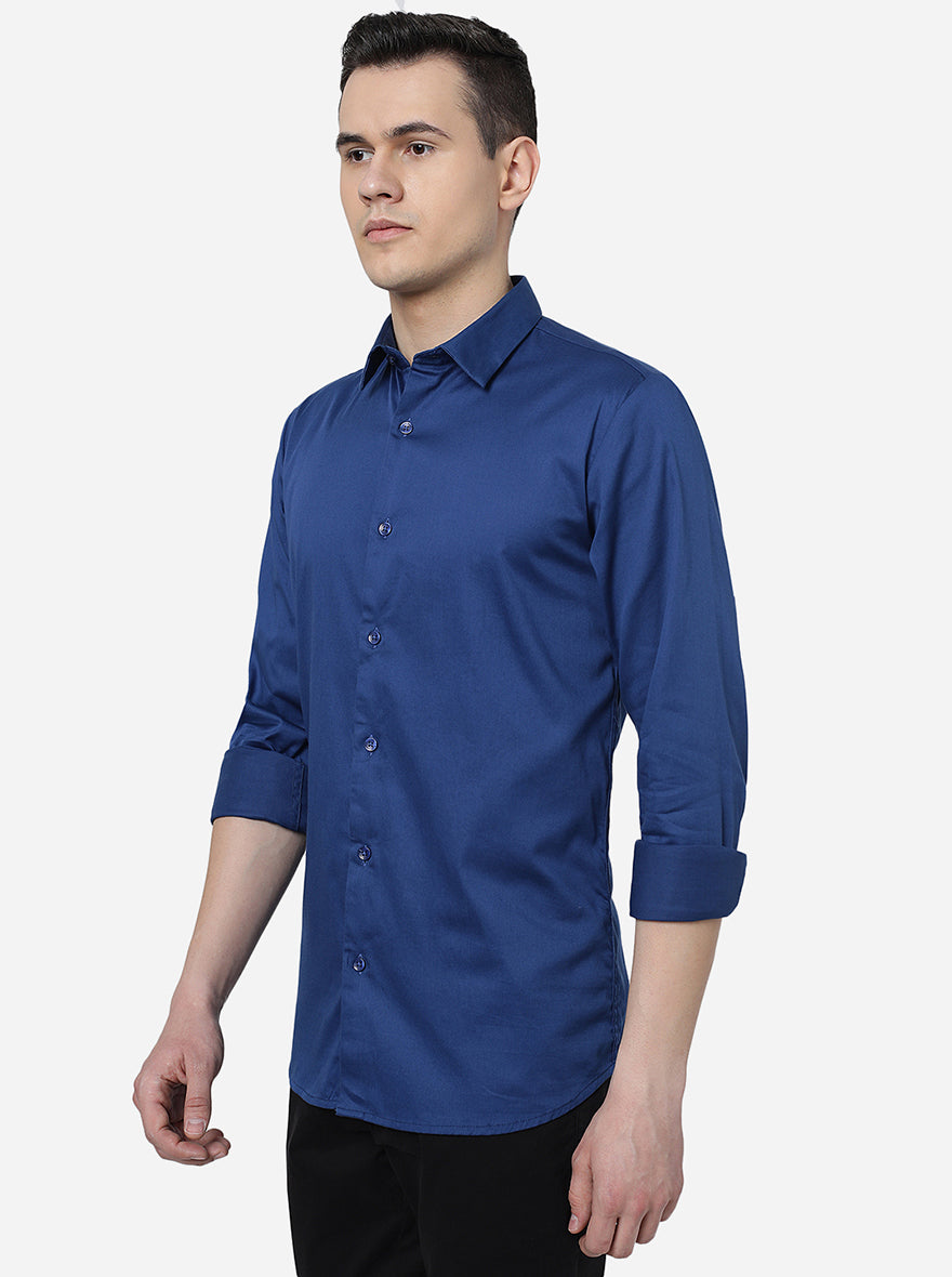 Navy Blue Solid Slim Fit Semi Casual Shirt | JadeBlue