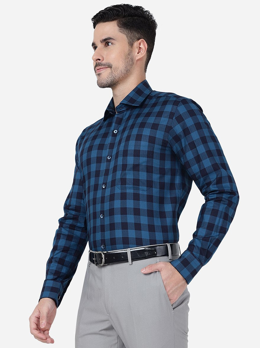 Blue Checked Slim Fit Formal Shirt | Metal