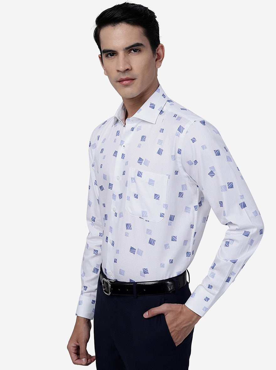 White & Blue Printed Slim Fit Formal Shirt | Metal