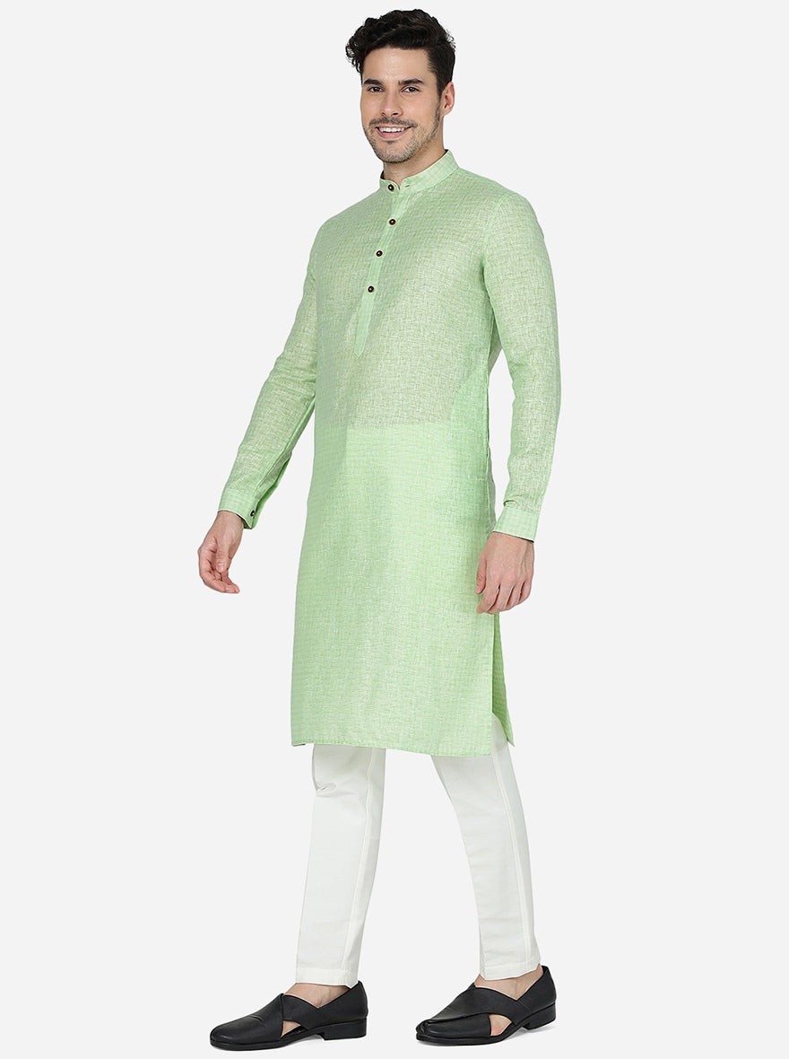 Grass Green Checked Regular Fit Modi Kurta | JadeBlue