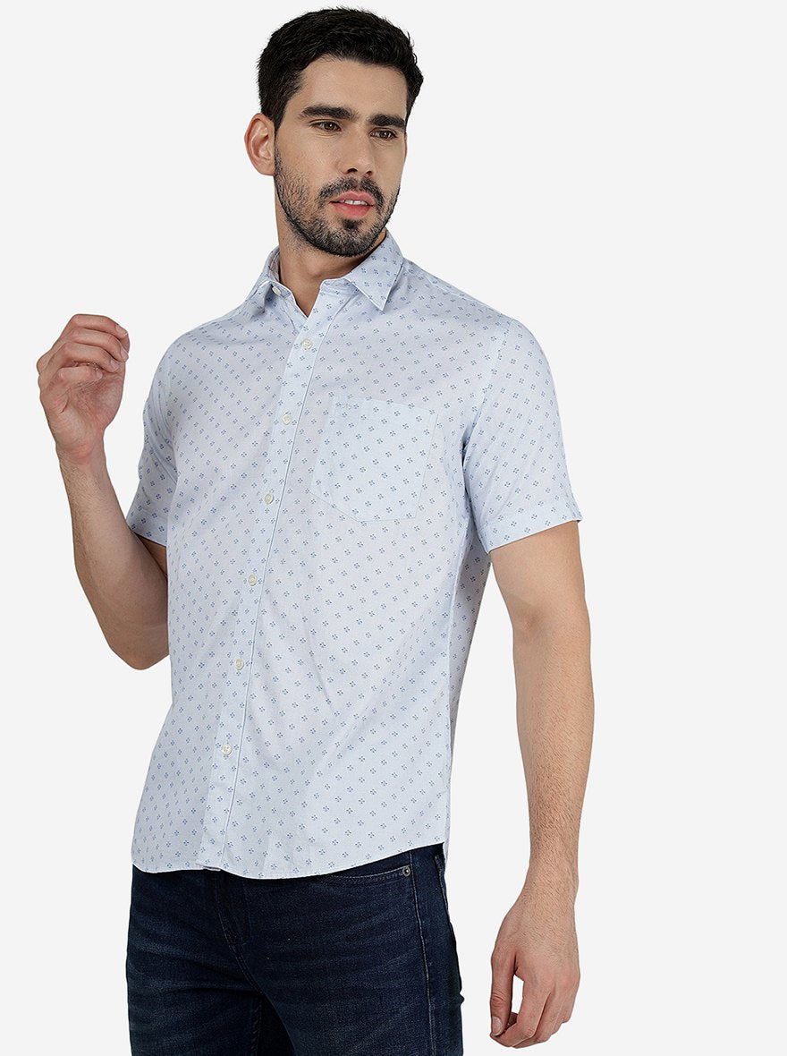 Blue Printed Slim Fit Semi Casual Shirt | JadeBlue