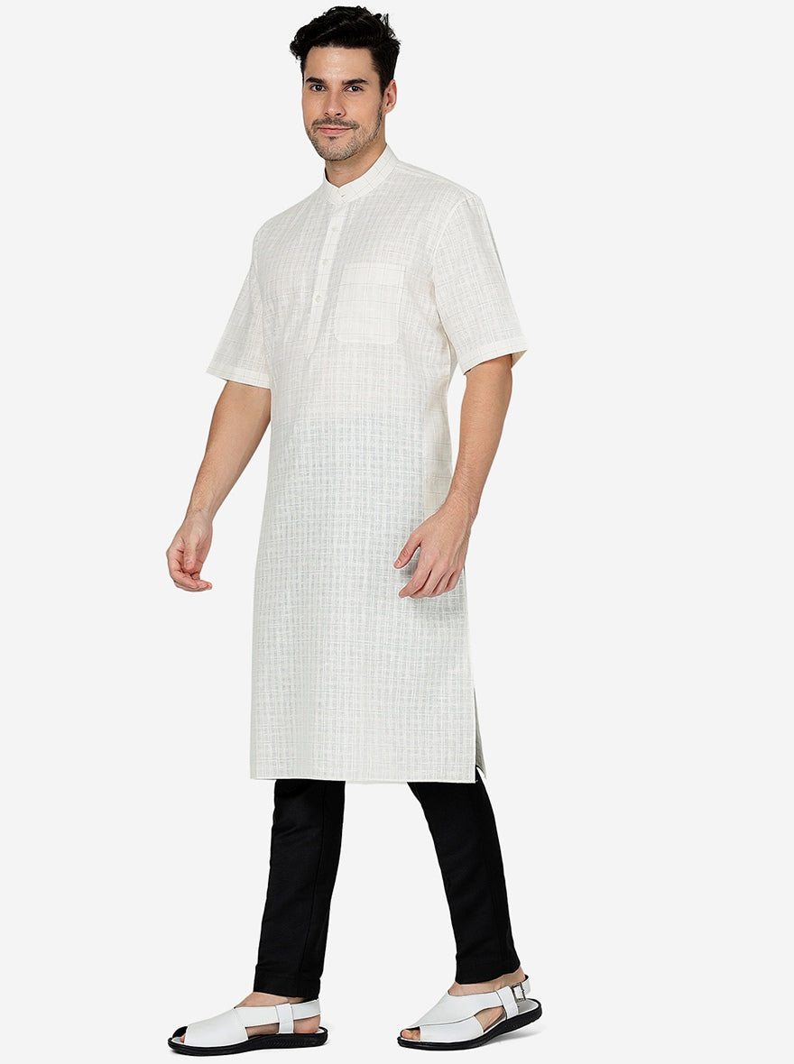 Off White Checked Regular Fit Modi Kurta | JadeBlue