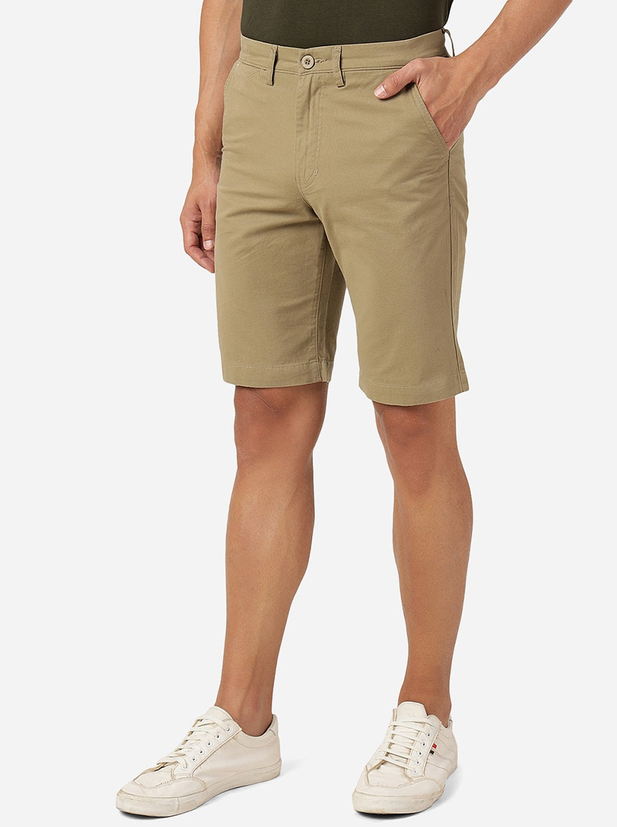 Light Olive Solid Slim Fit Shorts | JadeBlue