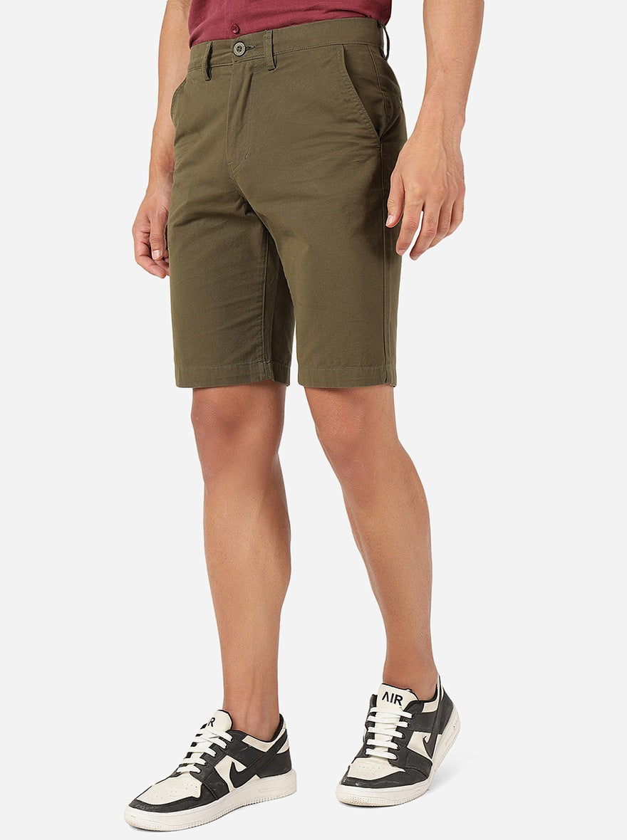 Dark Olive Solid Slim Fit Shorts | JadeBlue