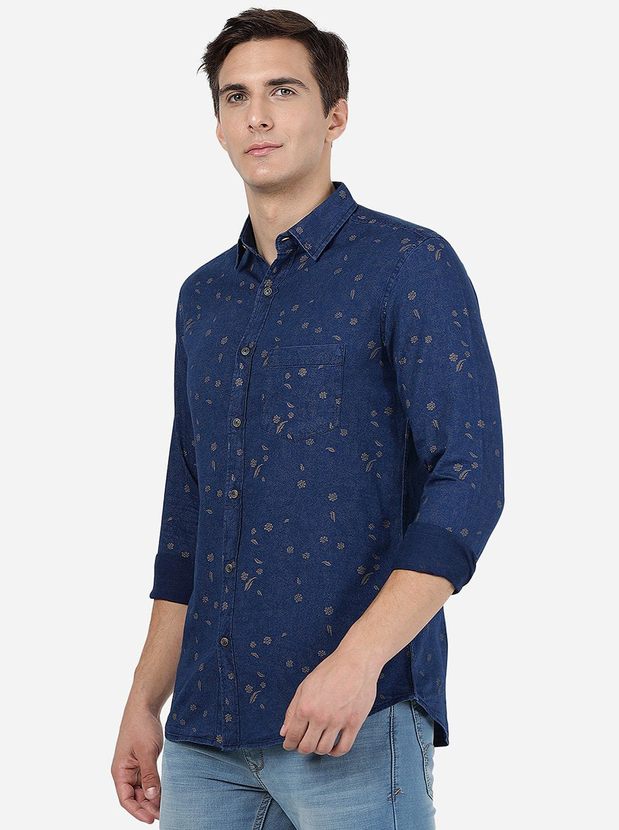 Indigo Blue Printed Slim Fit Casual Shirt | JadeBlue