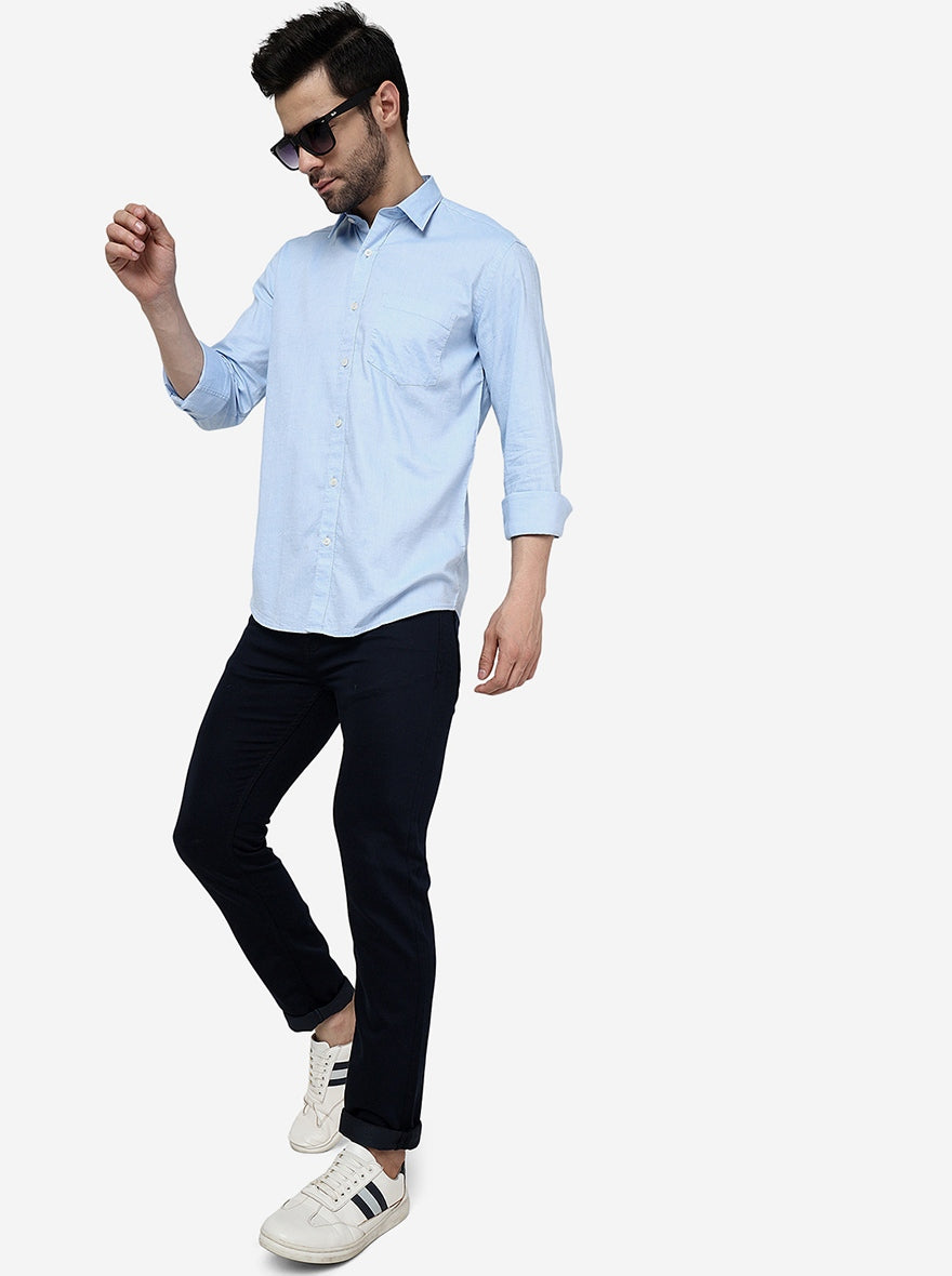 Light Blue Solid Slim Fit Semi Casual Shirt | JadeBlue
