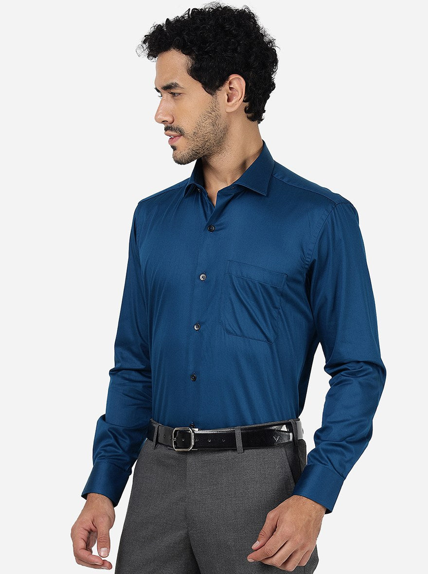 Blue Solid Slim Fit Formal Shirt | Metal