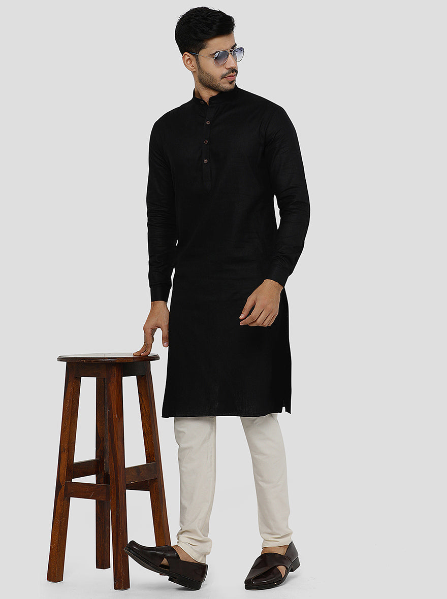 Black Self Textured Regular Fit Modi Kurta | JadeBlue