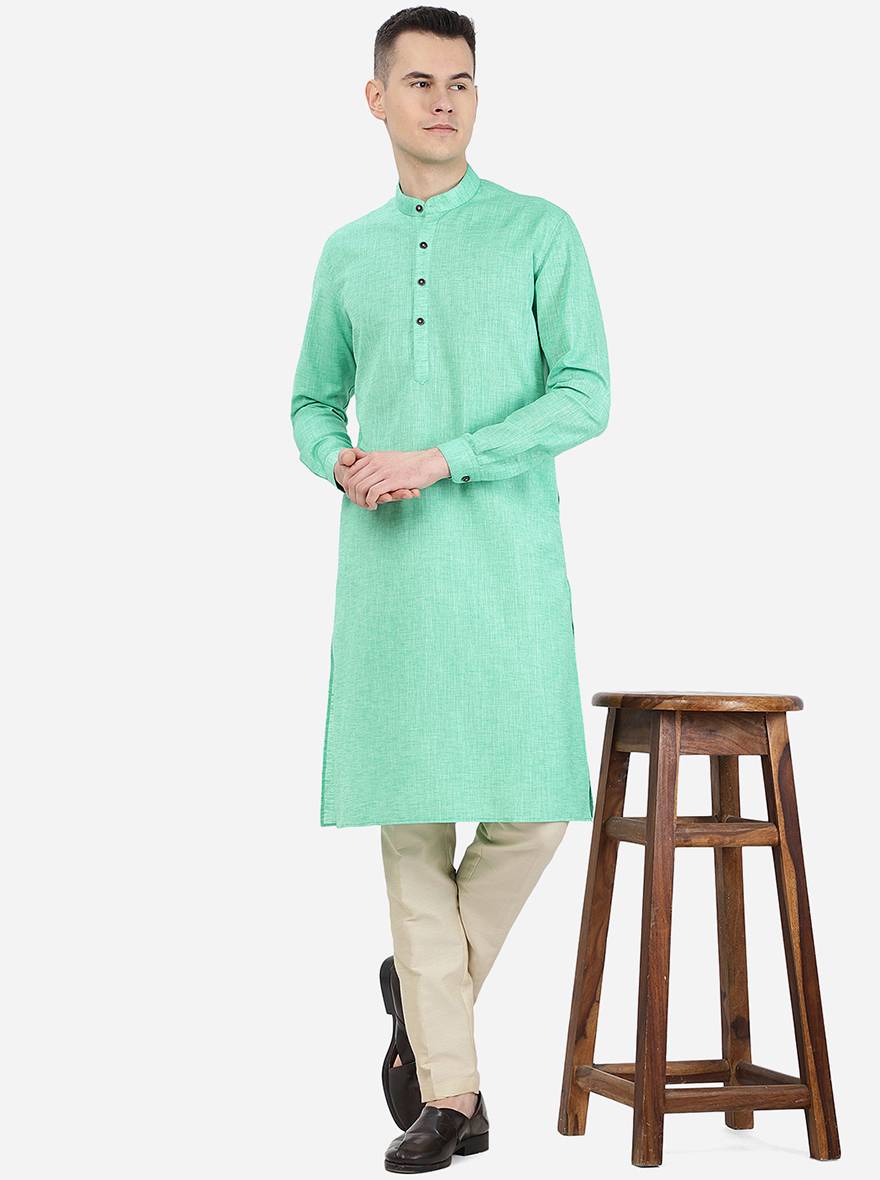 Lime Green Self Textured Regular Fit Modi Kurta | Modi Kurta