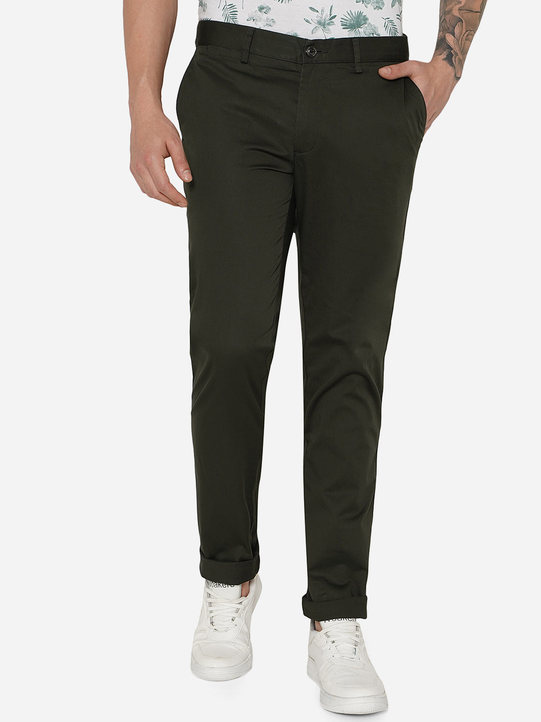 Dark Olive Solid Uno Fit Casual Trouser | JadeBlue