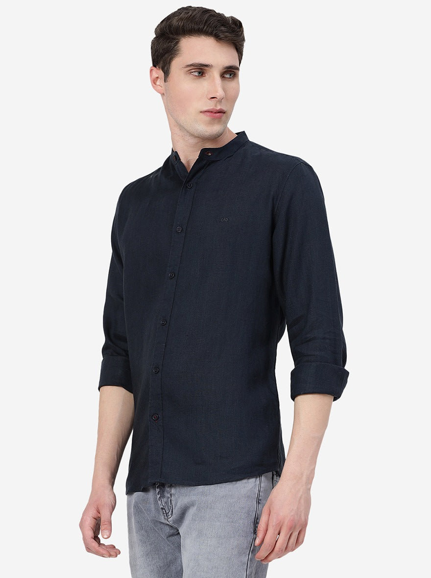 Navy Blue Solid Slim Fit Casual Shirt | JadeBlue