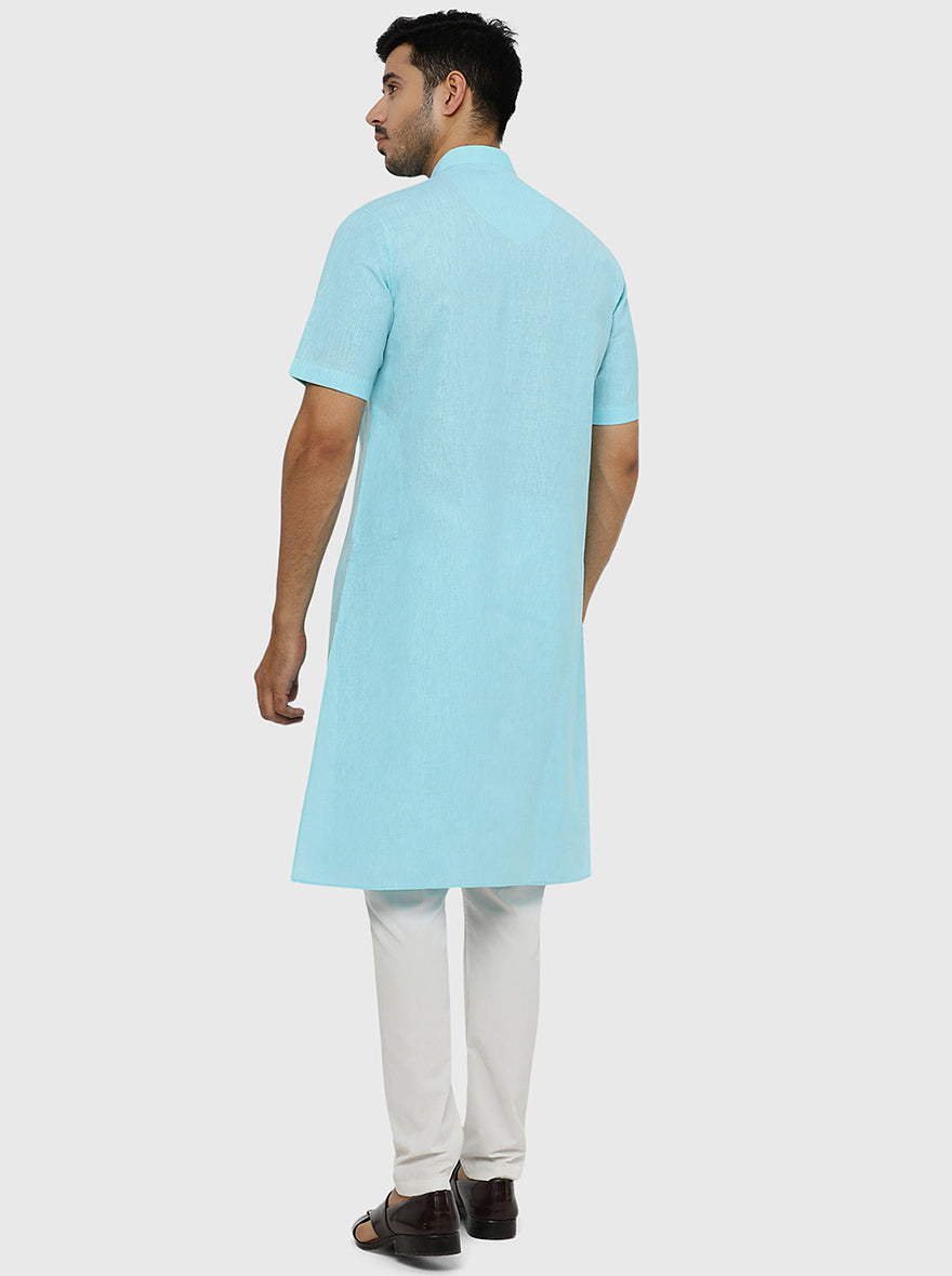 Sky Blue Self Textured Regular Fit Modi Kurta | JadeBlue