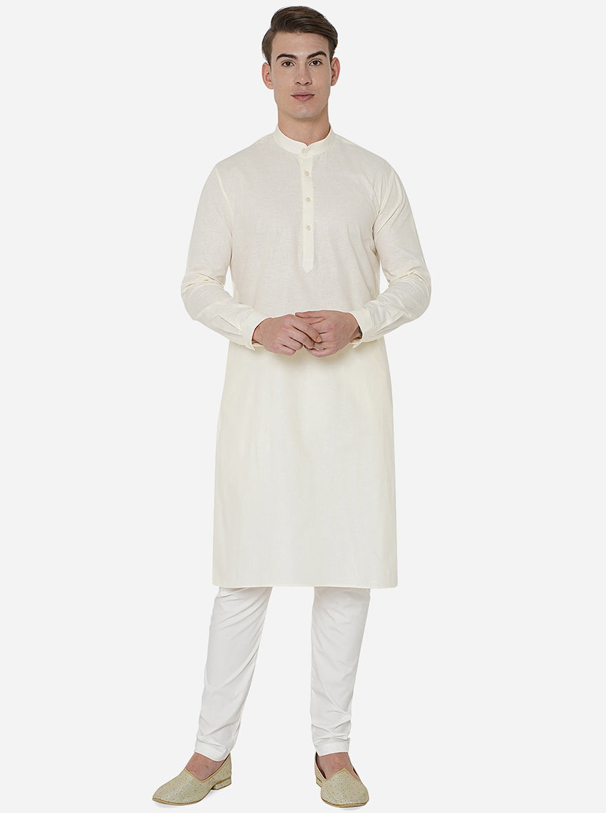 Cream Self Textured Regular Fit Modi Kurta | JadeBlue