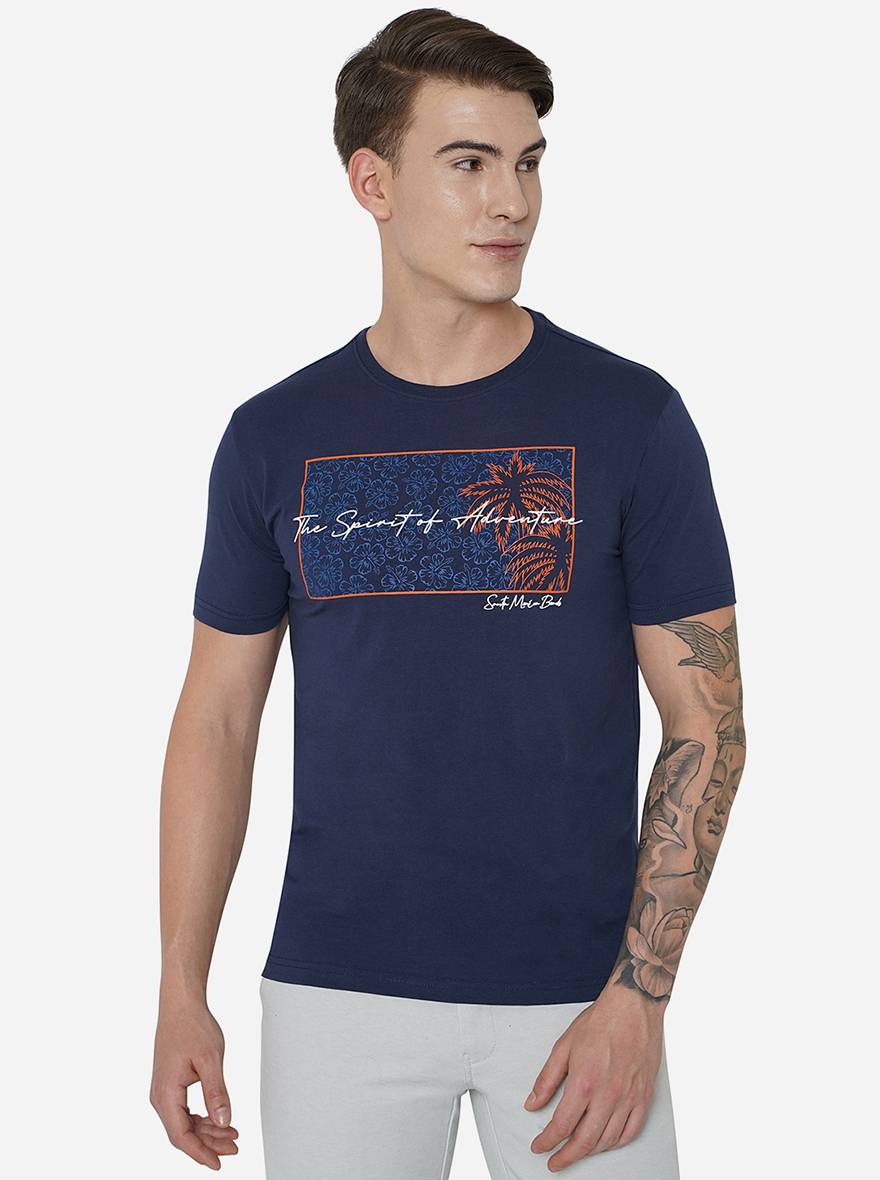 Navy Blue Printed Slim Fit T-Shirt | JadeBlue