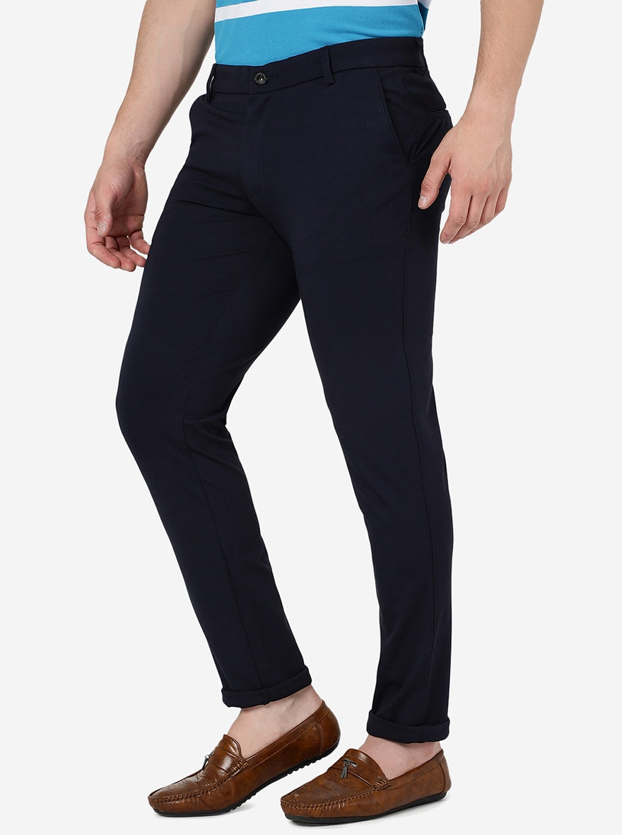 Navy Blue Solid Venice Fit Casual Trouser | JadeBlue