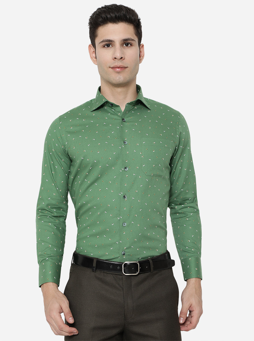 Dark Green Printed Slim Fit Formal Shirt | Metal