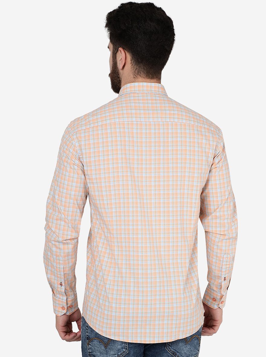 Peach Checked Slim Fit Semi Casual Shirt | JadeBlue