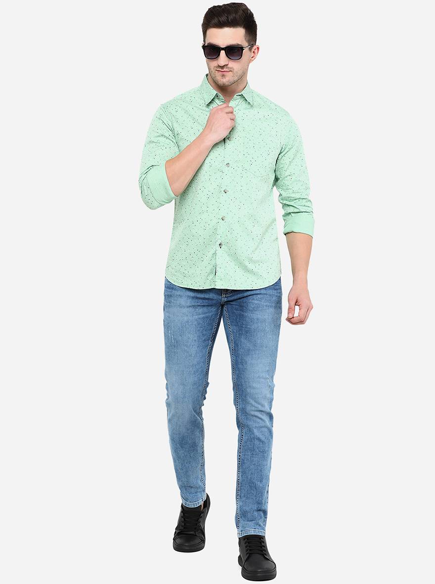Light Green Printed Slim Fit Semi Casual Shirt | Greenfibre