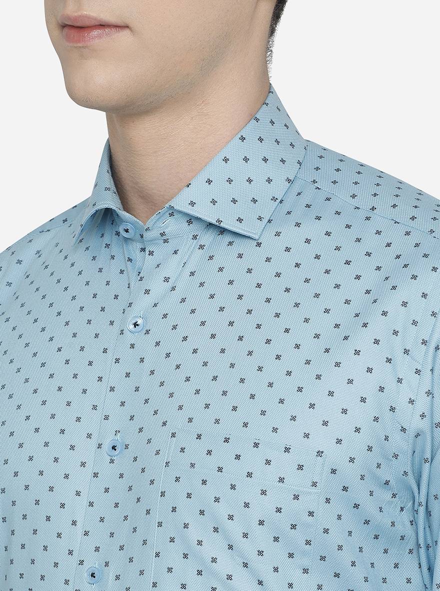Teal Blue Printed Regular Fit Formal Shirt | JadeBlue
