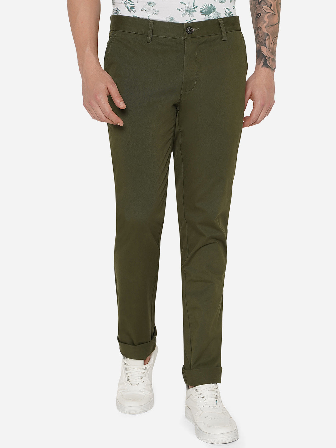 Light Olive Solid Uno Fit Casual Trouser | JadeBlue