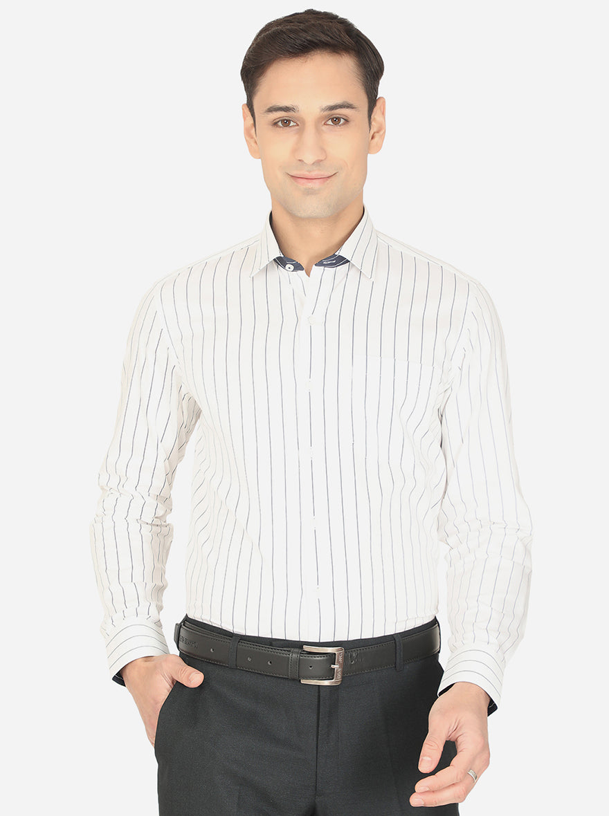 White & Navy Blue Striped Slim Fit Formal Shirt | Greenfibre