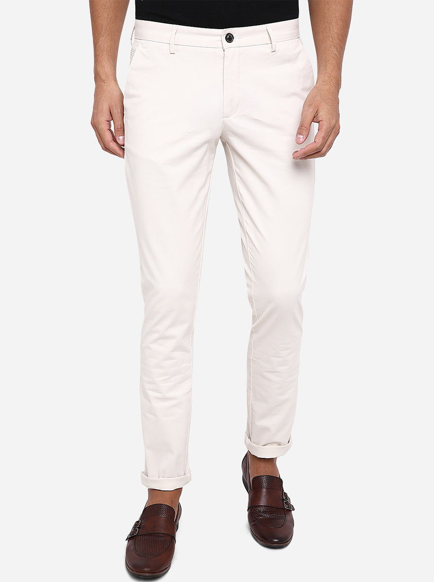 Cream Solid Uno Fit Casual Trouser | JadeBlue
