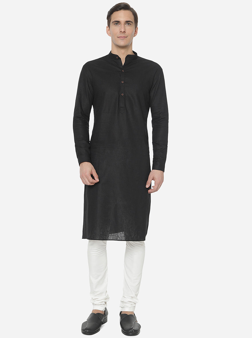 Black Self Textured Regular Fit Modi Kurta | JadeBlue