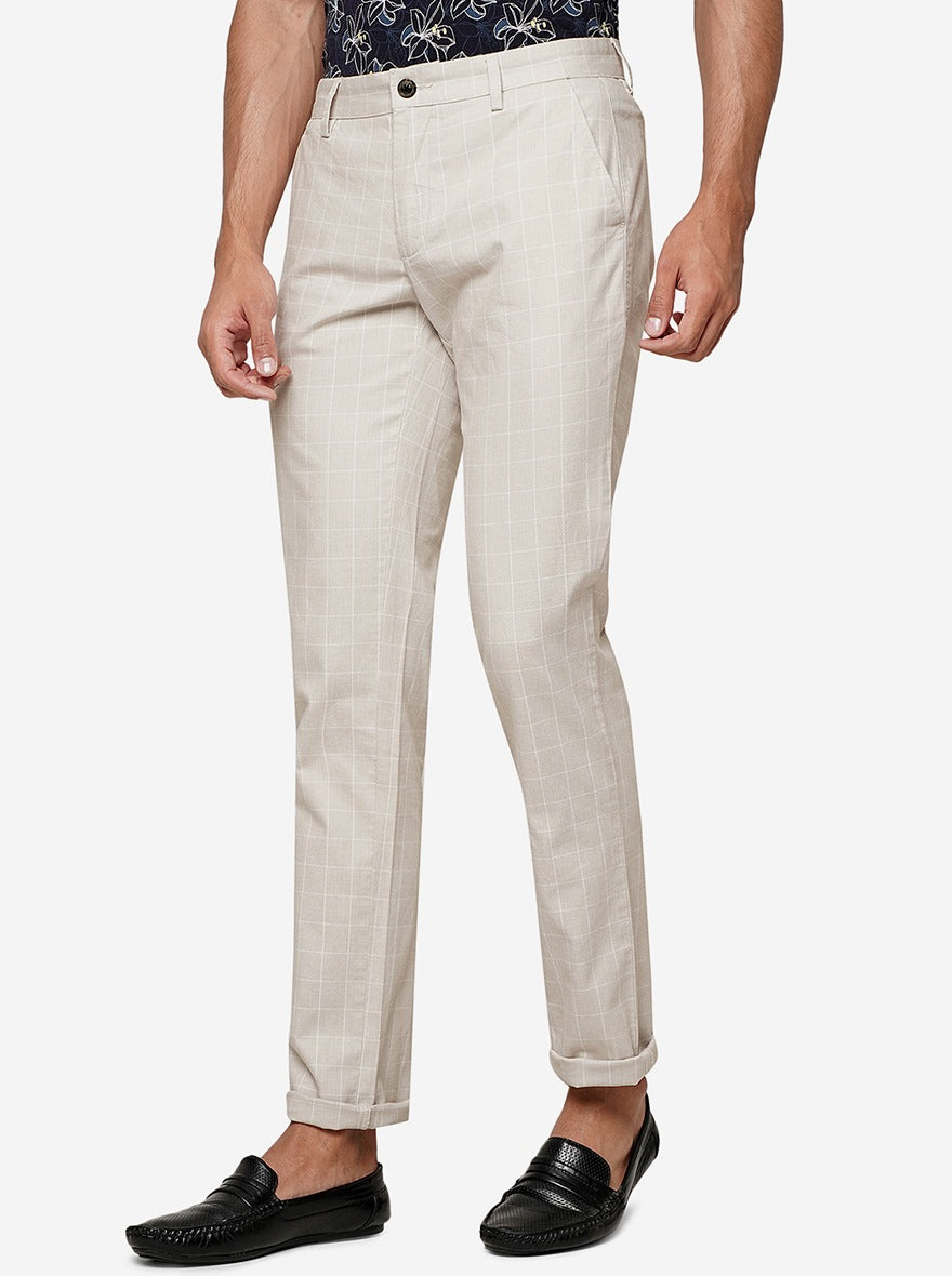 Cream Checked Uno Fit Casual Trouser | JadeBlue