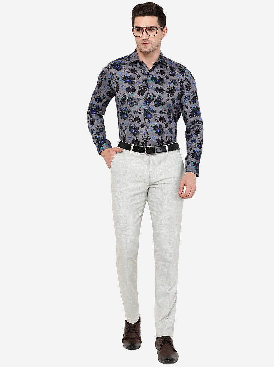 Grey & Black Printed Slim Fit Party Wear Shirt | JB Studio