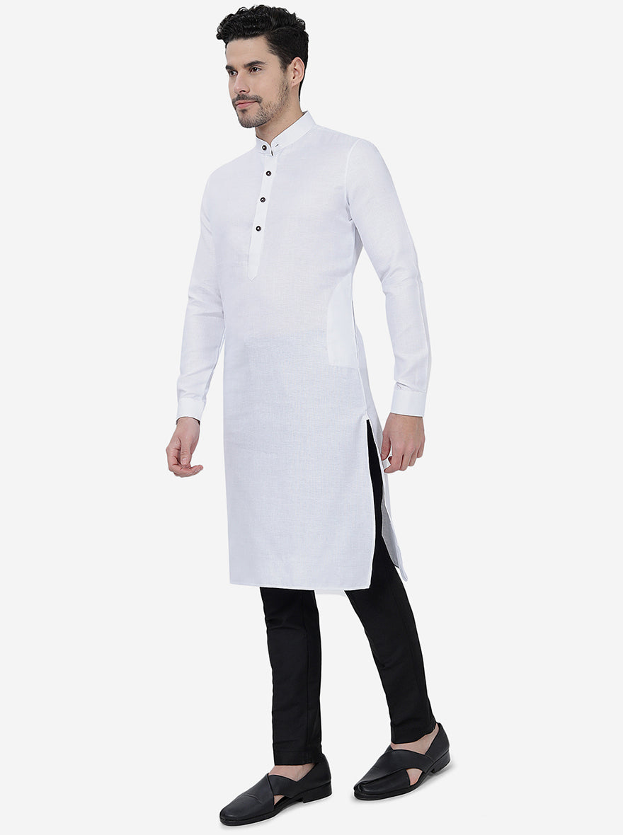 White Self Textured Regular Fit Modi Kurta | JadeBlue