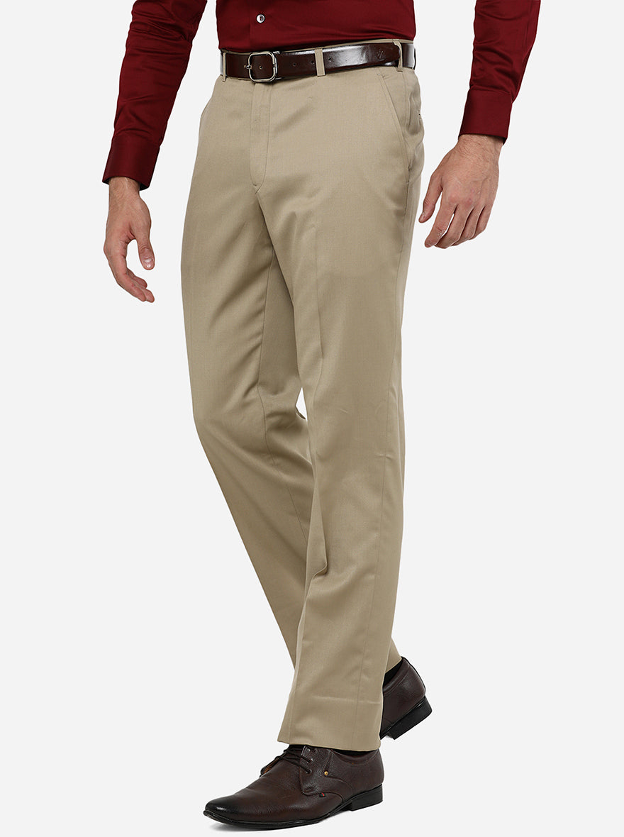 Beige Solid Classic Fit Formal Trouser | JadeBlue Super Luxe