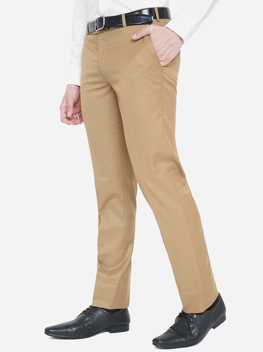 Khaki Solid Slim Fit Formal Trouser | Metal