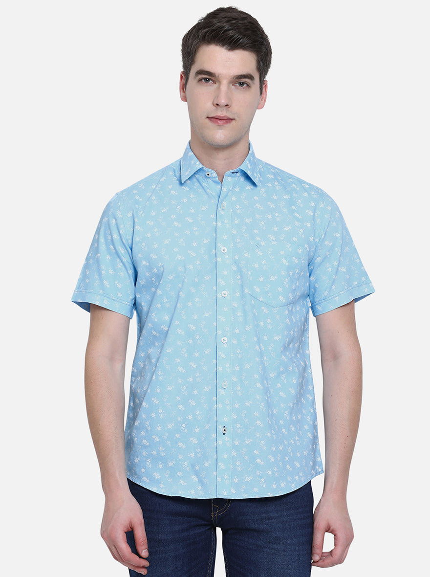 Sky Blue Printed Slim Fit Casual Shirt | Greenfibre