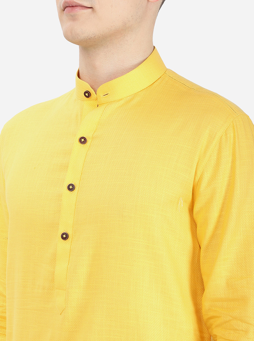 Bright Yellow Self Textured Regular Fit Modi Kurta | Modi Kurta